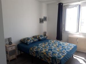 a bedroom with a bed with blue sheets and a window at Gambetta Insolite in Chambéry