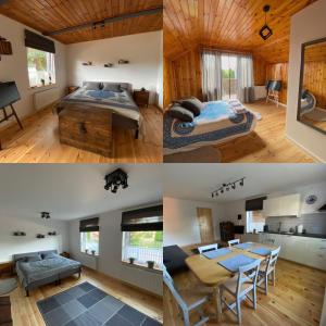 a collage of pictures of a bedroom and a living room at Komoda Tykocin in Tykocin