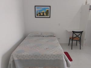a bed in a room with a picture on the wall at Loft01 com garagem, Wi-fi, 25 min de Aparecida in Pindamonhangaba