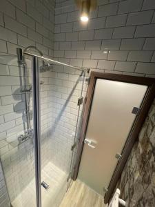 una doccia con porta in vetro in bagno di Green Property a Dofteana