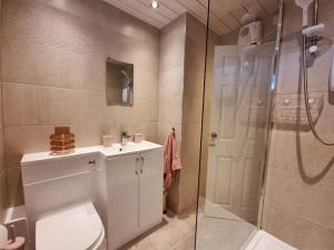 a bathroom with a shower and a toilet and a sink at One Bed Holiday Home in the Heart of Glasgow in Glasgow