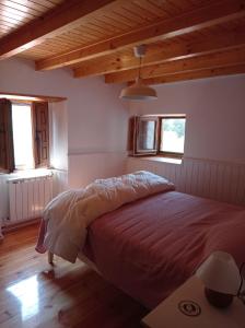 a bedroom with a bed and two windows at Amplia y cómoda casa de piedra con porche y jardín in San Roque de Ríomiera