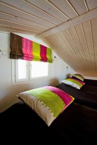 a bedroom with two beds with colorful pillows and a window at Patalaiska Villas in Ruokolahti