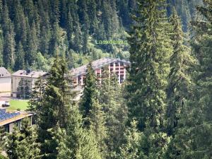 eine Luftansicht eines Hotels umgeben von Bäumen in der Unterkunft Rancho Laaxdeluxe in Laax