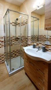 bagno con doccia in vetro e lavandino di Pacifico Rooms a San Bartolomeo in Galdo