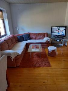 a living room with a couch and a tv at Planinska kuća Rezo Rakitno in Posušje