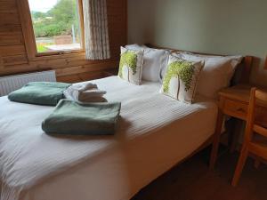a bedroom with a large bed with a window at Fern Lodge - Luxury Lodge with steamroom in Perthshire in Perth