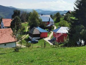 a small village with houses and a car on a hill at Vila Medo in Brdo