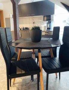 a dining room table with chairs and a plant on it at Cozy Apartment Bernburg 3 in Roschwitz