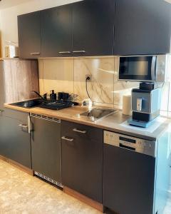 a kitchen with a sink and a microwave at Cozy Apartment Bernburg 3 in Roschwitz
