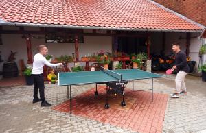 dos hombres jugando al ping pong en Mehadica House en Mehadica