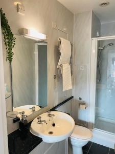 uma casa de banho com um lavatório, um WC e um espelho. em All Seasons Bed & Breakfast - Adults Only em Weston-super-Mare
