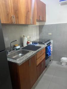 a kitchen with a sink and a stove at Beachfront Apartment, Quiet 4 Beds, 1 Bath, AC, Wi-Fi, Hot Water, in Paraiso near Los Patos in Paraíso