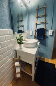 een badkamer met een wastafel en een aanrecht met een spiegel bij Cal Robusto, Apartament in Masía with horses in Siurana