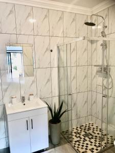 y baño con ducha, lavabo y espejo. en URRR Casa on Msasa, en Randburg