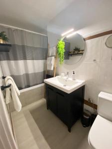 uma casa de banho com um lavatório, um WC e um espelho. em Apartamento Brisas em Sevilha