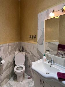 a bathroom with a toilet and a sink and a mirror at Magnifique villa avec un grand jardin et une cascade in Agadir