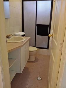 a bathroom with a toilet and a sink and a shower at Hermoso Apartamento al Norte cerca de la Embajada Americana in Quito