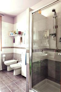 a bathroom with a shower and a toilet and a sink at Tavernetta con camino in collina in Pianoro