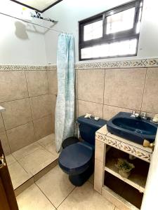 a bathroom with a blue toilet and a sink at Hermoso apartamento en la capital de Costa Rica in San José