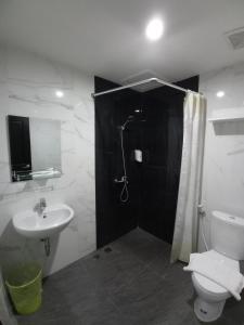 a bathroom with a shower and a toilet and a sink at Rid's Hotel Palembang in Talang Kelapa