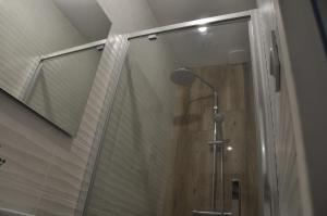 a shower with a glass door in a bathroom at le p'tit studio de Segré centre in Segré