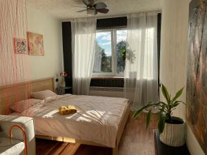 um quarto com uma cama e uma janela em Уютная квартира в Маарду em Maardu