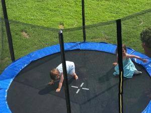 Dos niños están jugando en un trampolín en Veronikas Wohnung mit Garten, en Wegscheid