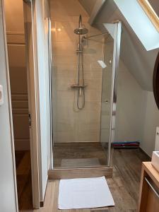 a shower with a glass door in a bathroom at Le Domaine des Bois in Blangy-le-Château