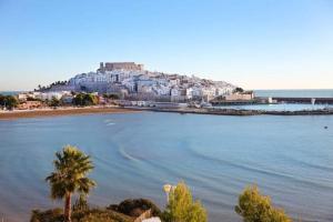 a view of a beach with a town on a hill at Apartament La Calita in Peniscola
