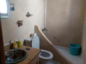uma casa de banho com um chuveiro, um WC e um lavatório. em Dar layla moulati em Chefchaouen