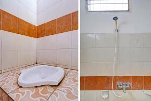 two pictures of a bathroom with a shower and a toilet at SPOT ON 91482 Sentosa Home in Bandung