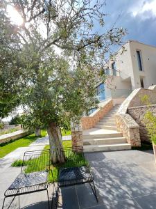 a bench next to a tree in front of a building at Le Rêve Boutique Hotel in Dhërmi