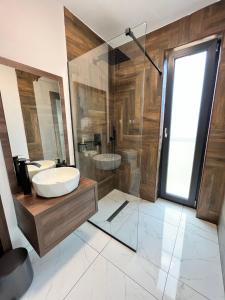 a bathroom with a sink and a shower at Transalpina Tiny House - outdoor jacuzzi in Baia de Fier