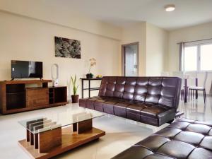 sala de estar con sofá de cuero y TV en Praia Capital Residence Aparthotel en Praia