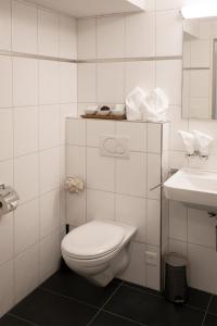 a white bathroom with a toilet and a sink at Gasthof Löwen Herznach in Herznach