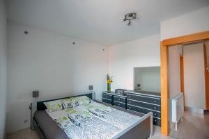 um quarto com uma cama, uma cómoda e um espelho em Apartma Bajc em Ajdovščina