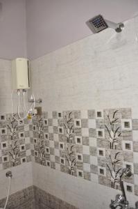 a bathroom with a shower and a tile wall at Classic Homestay in New Hampi