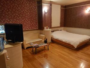 Habitación con cama, sofá y TV. en スタイリッシュ栃木　大人専用, en Shimotsuke