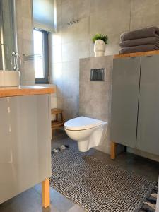 La salle de bains est pourvue de toilettes et d'un lavabo. dans l'établissement AHOY - Haus am Meer, à Chłopy