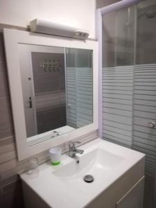 y baño con lavabo blanco y espejo. en Gîte des Tamarins à Saint-Pierre la Mer en Fleury