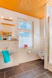 a bathroom with a sink and a toilet and a window at Ferienhaus "Zur Alten Schule" in Mittelndorf