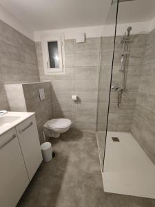 a bathroom with a shower and a toilet and a sink at TRA MANNA in Lecci