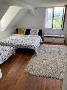 Krupanj的住宿－Kucica Djukanovic Dobri Potok，一间带两张床的卧室和地毯