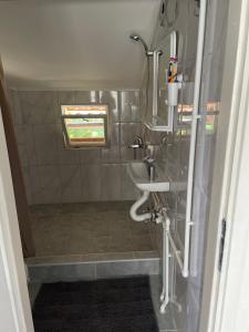 a bathroom with a sink and a shower at Kucica Djukanovic Dobri Potok in Krupanj