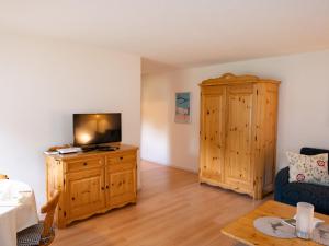 ein Wohnzimmer mit einem TV auf einem Holzschrank in der Unterkunft Apartment Chesa Zupeda C2 by Interhome in Surlej