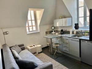 un soggiorno con divano e cucina di Le P'tit Charmant : centre historique de Dijon a Digione
