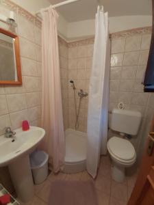 La salle de bains est pourvue de toilettes, d'un lavabo et d'une douche. dans l'établissement Apartments by the sea Merag, Cres - 11791, à Cres