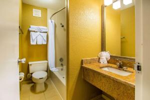 a bathroom with a toilet, sink and mirror at Comfort Inn at the parks in Orlando