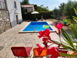 een zwembad met een rode bloem ervoor bij Traditional mediterranean villa in Gabonjin